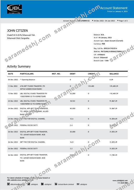 Pakistan UBL bank statement Word and PDF template, 2 pages